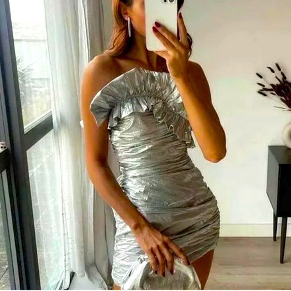 Zara mini ruffle dress silver small strapless